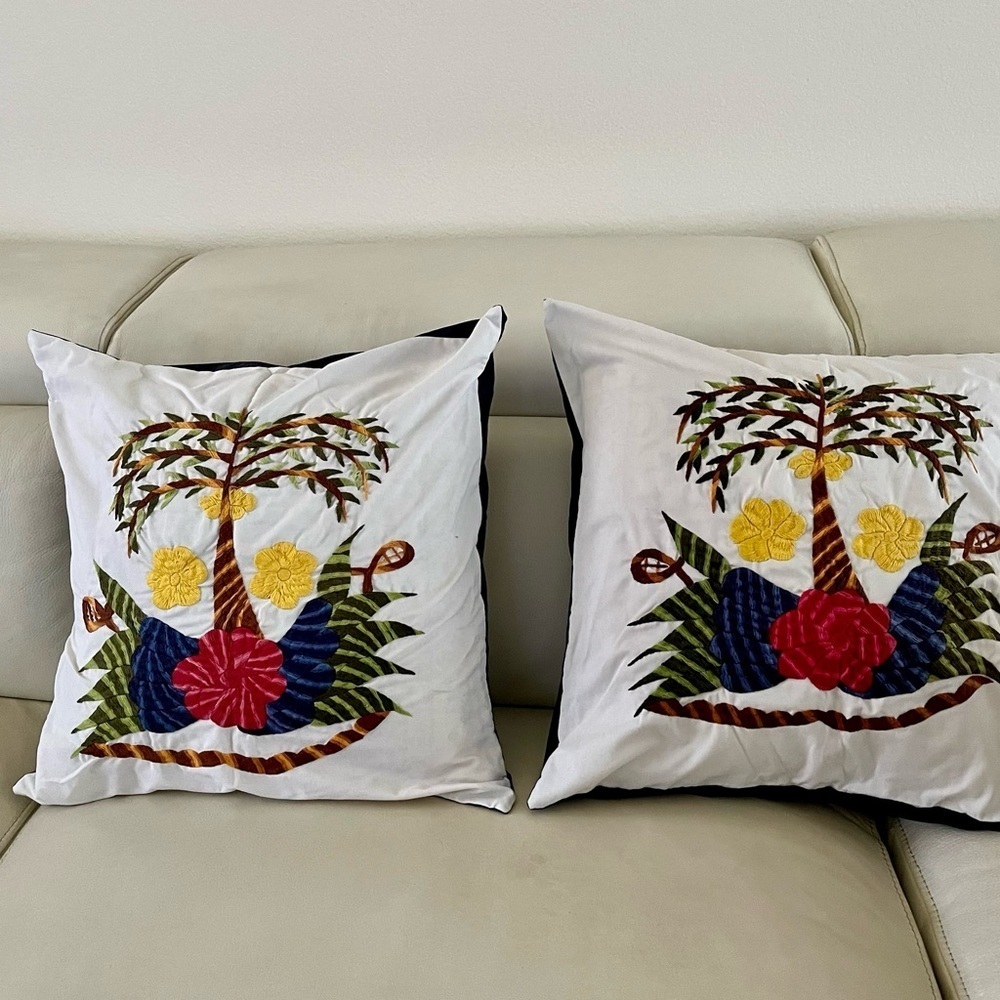 Tropical Embroidered Throw Pillow Set - White, Red, Yellow, Green